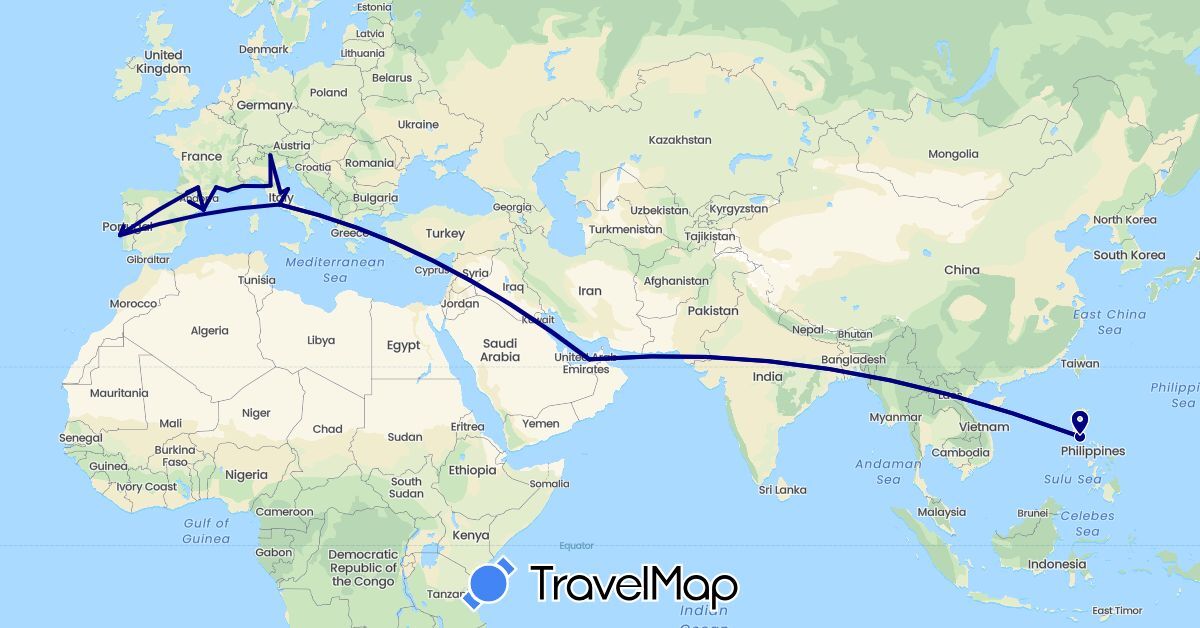 TravelMap itinerary: driving in United Arab Emirates, Spain, France, Italy, Monaco, Philippines, Portugal (Asia, Europe)